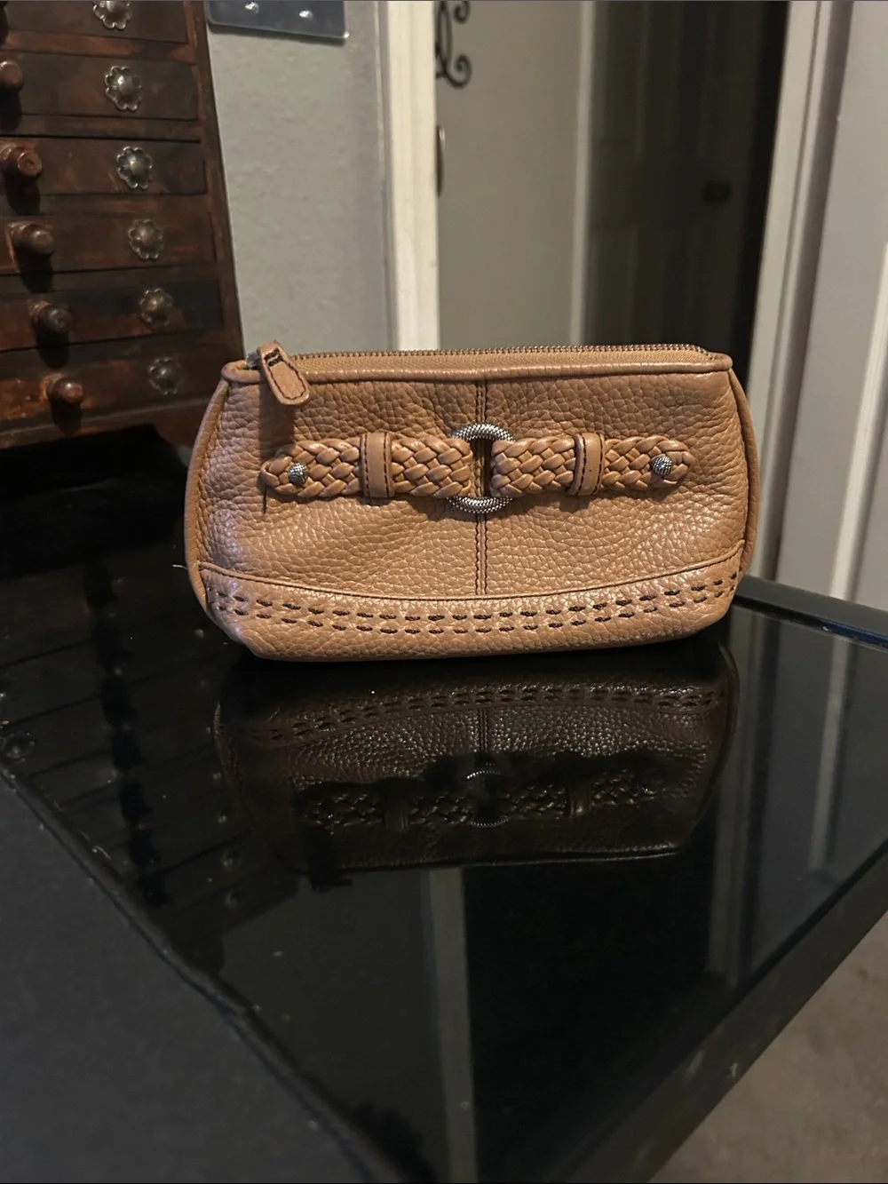 Brighton Tan Braided Accent Leather Cosmetic Pouch